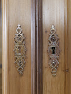 Detailansicht des originalen Stangenschlosses mit reich verziertem Beschlag an der Tür der antiken Bibliotheksvitrine. Das historische Schloss ist ein typisches Qualitätsmerkmal hochwertiger Ladenmöbel des späten 19. Jahrhunderts.
