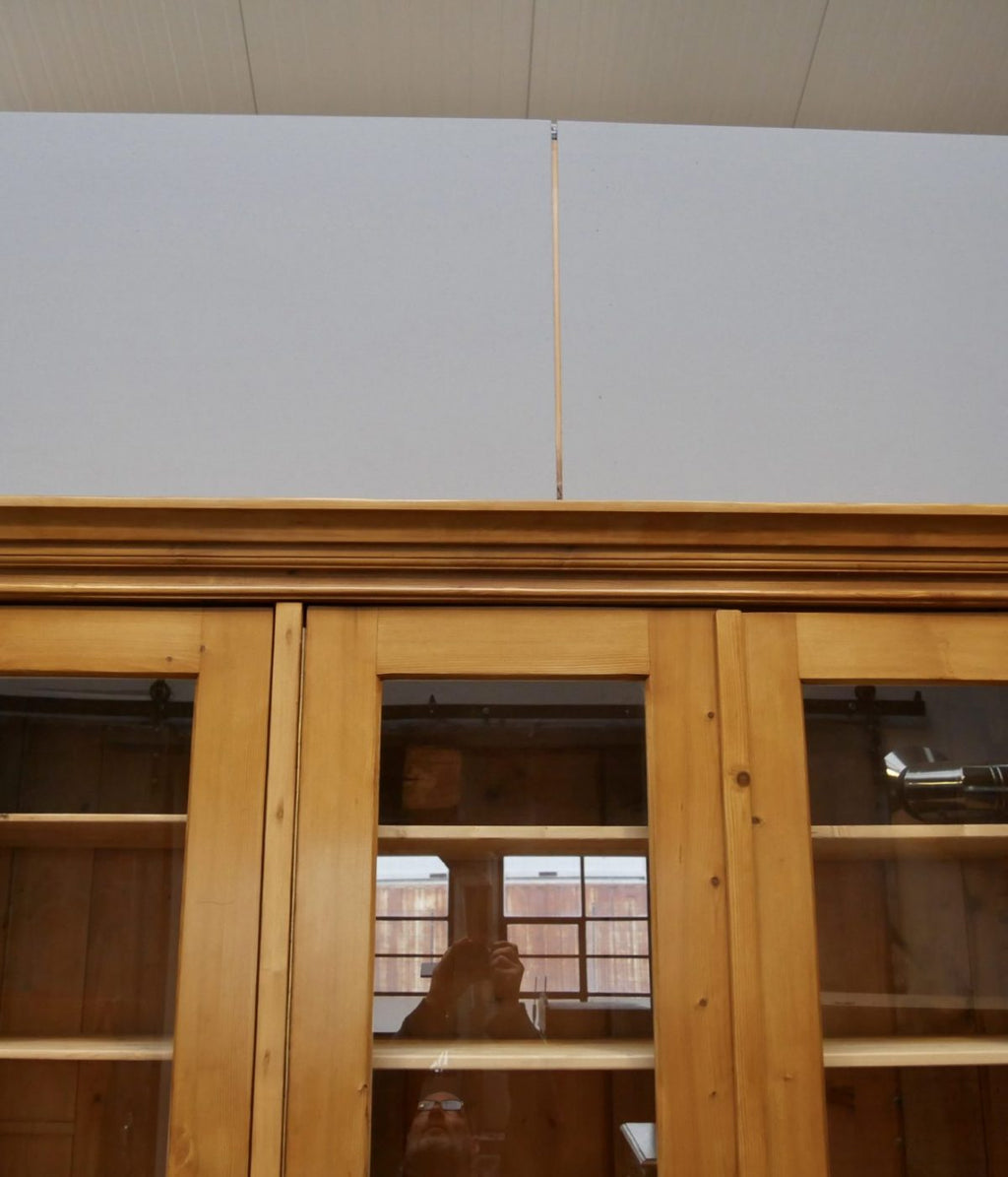 Detailaufnahme des oberen Türbereichs mit den verglasten Türen des historischen Lehrmittelschranks. Sichtbar sind die hochwertige Verarbeitung und die charakteristische Gestaltung der Vitrine.