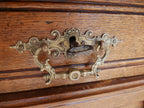 Nahaufnahme eines originalen Schubladenbeschlags aus Messing mit dekorativer Gründerzeit-Ornamentik. Der historische Beschlag unterstreicht die hochwertige handwerkliche Ausführung des Schreibtisches.