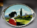 Seltenes Jugendstil-Tablett aus Keramik nach einem Entwurf von Carl Sigmund Luber für J. V. Schwarz Nürnberg. Das ovale Tablett zeigt eine stilisierte Frau vor einer Landschaft mit Zypressen und weitem Himmel. Der reliefierte Metallrand mit integrierten Griffen unterstreicht den hochwertigen Jugendstil-Entwurf.
