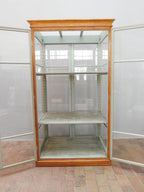 Innenansicht der historischen Vitrine mit original grau-grüner Innenfarbe und zwei höhenverstellbaren Einlegeböden. Die Konstruktion ermöglicht eine flexible Präsentation von Sammlungsstücken oder Waren.