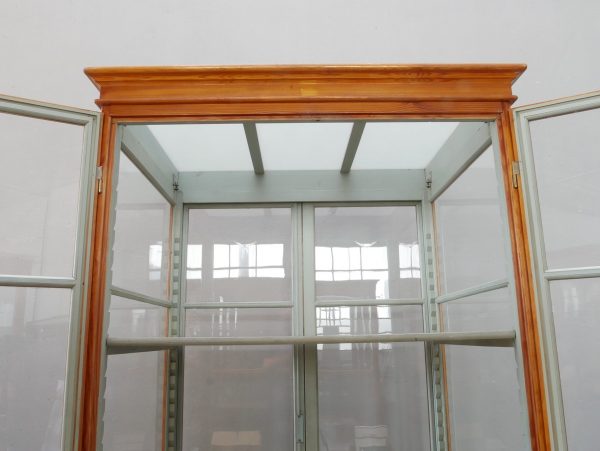 Detailaufnahme des seltenen Oberlichts mit originalem Milchglas im Kopfbereich der Vitrine. Das Oberlicht sorgt für eine gleichmäßige Ausleuchtung des Innenraums und ist ein außergewöhnliches Ausstattungsmerkmal.