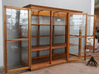 Vorderansicht der originalen Lehrmittelvitrine der Firma Hermann Fiedler aus Eisleben mit vollständig geöffneten drei Glastüren. Die Aufnahme zeigt den gesamten Innenraum mit den beiden großen höhenverstellbaren Einlegeböden, der vollständig verglasten Konstruktion und der außergewöhnlichen Ausführung, die eine freie Aufstellung im Raum ermöglicht.