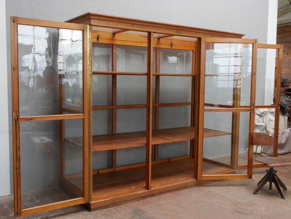Vorderansicht der originalen Lehrmittelvitrine der Firma Hermann Fiedler aus Eisleben mit vollständig geöffneten drei Glastüren. Die Aufnahme zeigt den gesamten Innenraum mit den beiden großen höhenverstellbaren Einlegeböden, der vollständig verglasten Konstruktion und der außergewöhnlichen Ausführung, die eine freie Aufstellung im Raum ermöglicht.