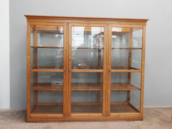Frontansicht der originalen Lehrmittelvitrine mit drei großen Glastüren. Gut erkennbar sind die großzügigen Glasflächen und die beiden massiven Einlegeböden.