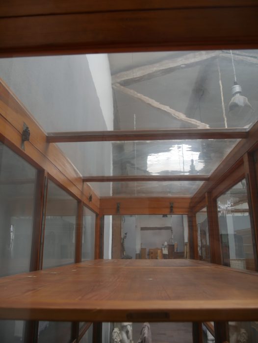 Innenansicht des oberen verglasten Bereichs der Vitrine. Die vollständige Verglasung sorgt für einen optimalen Lichteinfall und eine hochwertige Präsentation der Exponate.