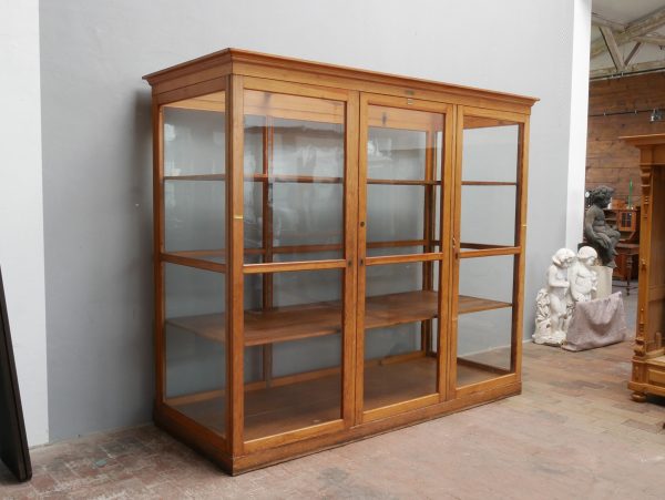 Schräg aufgenommene Seitenansicht der historischen Lehrmittelvitrine. Die Aufnahme zeigt die vollständig verglaste Konstruktion und die hochwertige Verarbeitung des originalen Weichholzschrankes.